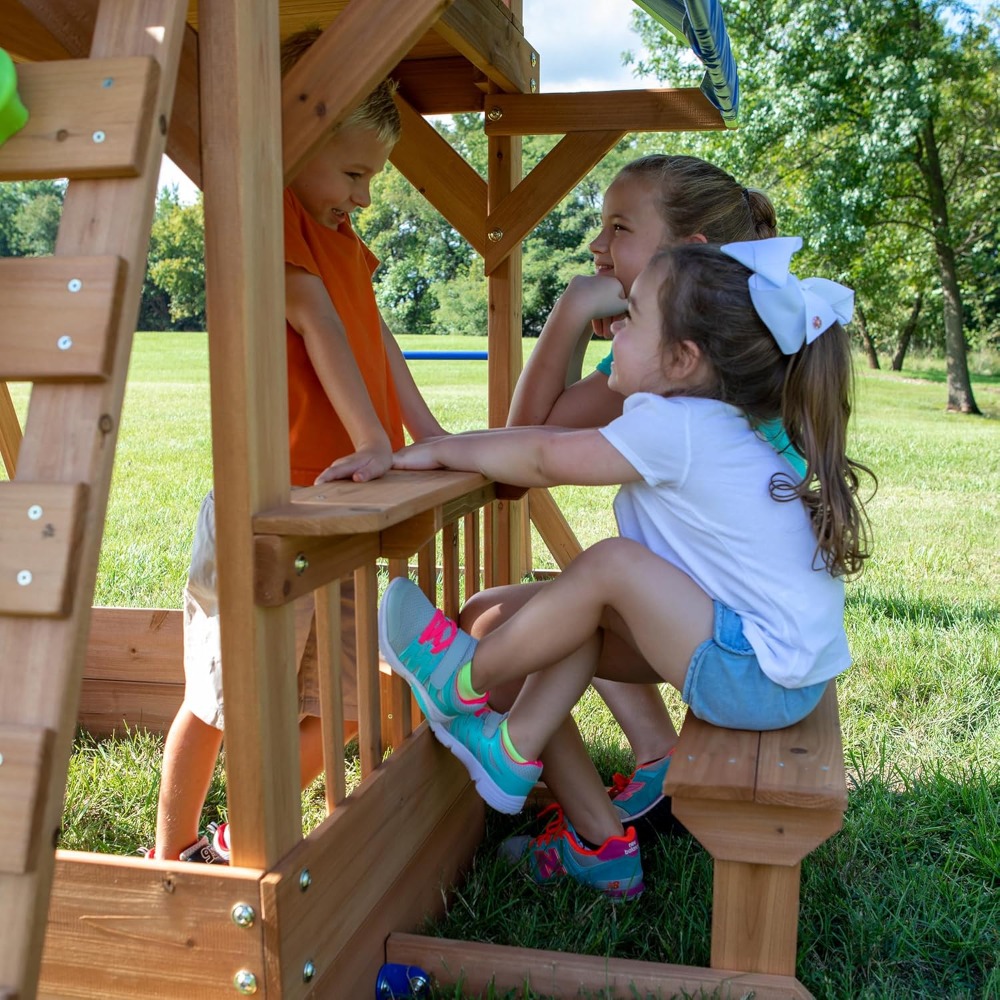 Kids Outdoor Monkey Bars - مجموعة أرجوحة خشبية من خشب الأرز